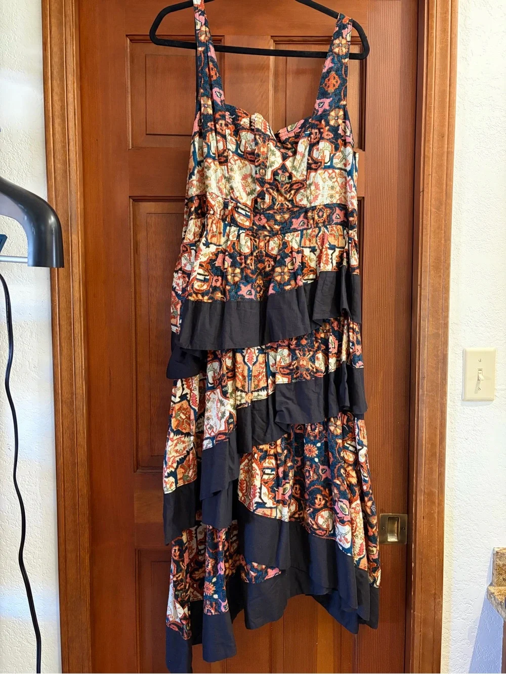 Anthropologie Black Tiered Midi Dress with Multicolor Floral Patchwork - Picture 4 of 7